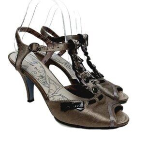 BOBBI BLU Edith Satin Peep Toe Gem T-strap Slingbacks High Heel Shoes Gray Sz 8